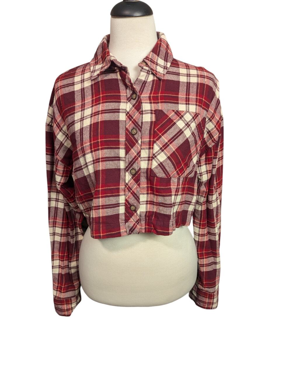Arizona Jean Co Small Red Oversized Cropped Plaid Flannel Button Up Shirt